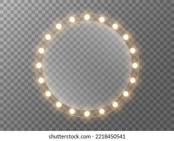 Makeup mirror with lights. Round mirror with gold bulbs. Frame with bright lamps. Realistic illuminated glass for banner or poster. Vector illustration.