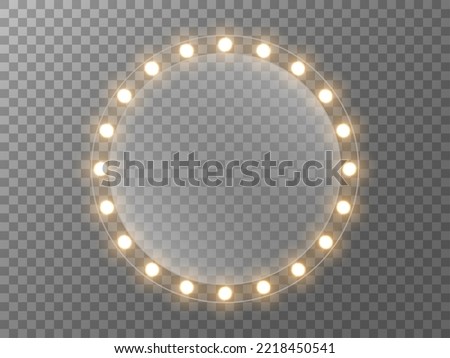 Makeup mirror with lights. Round mirror with gold bulbs. Frame with bright lamps. Realistic illuminated glass for banner or poster. Vector illustration.