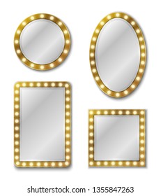 Makeup mirror. Mirroring reflection surface realistic blank mirrors glass circle decor frame interior decoration for salon or home vintage vector set