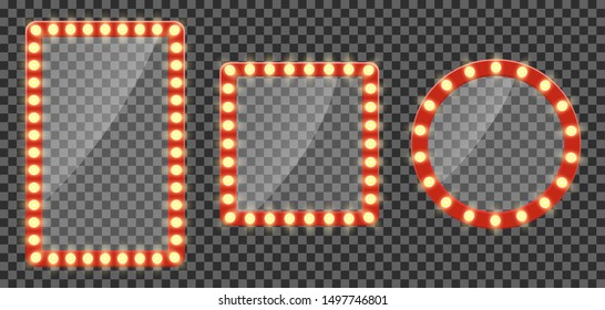 Makeup mirror or neon billboards with light. Empty signage frame with light bulb for circus, cinema, comic frame. Set of mirror with bulb in retro style. Glowing signboard for winner. vector