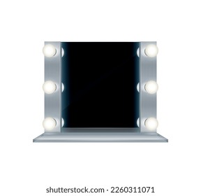 Makeup mirror realistic composition with isolated front view of studio glass with glowing lamps vector illustration