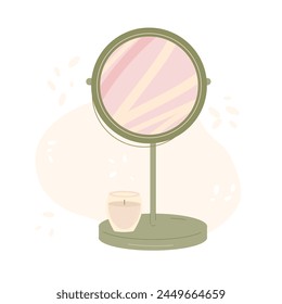 Makeup mirror and scented candle isolated on white background. Spa and relax home cosy concept. Flat vector illustration.