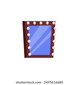 Makeup mirror. Vector illustration of a mirror in a frame with light bulbs for illumination, ideal for dressing rooms. Flat design on isolated background for applying makeup.