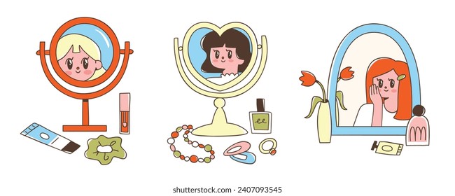 Espejos de maquillaje y accesorios para niñas. Ilustración vectorial del concepto de autocuidado femenino. Muchachas guapas mirando sus propias reflexiones. Productos de belleza a mano y accesorios de moda.