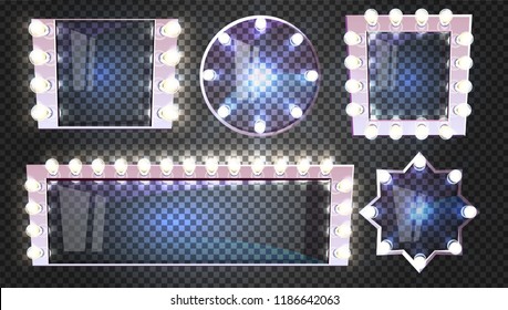 Makeup mirrors with lamps vector illustration in retro white square, round and star shape frame with realistic LED light illumination for beauty fashion studio on transparent background