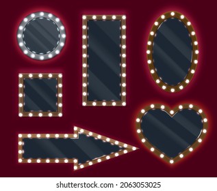 Makeup mirrors with light bulbs in frames of different shapes realistic set isolated on red background vector illustration