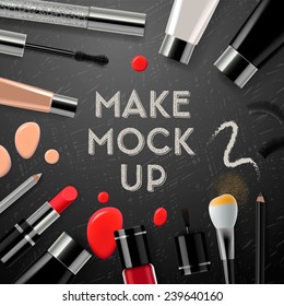 Makeup Mockup With Collection Cosmetics And Accessories, Vector Illustration. 