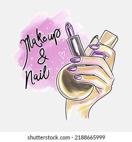 Makeup and nail, handwritten quotes, hand with bright long nails holds lipstick and nail polish, fashion, sketch in doodle style