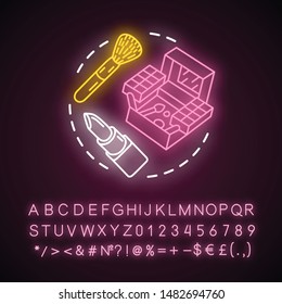 Makeup neon light concept icon. Make up artist kit, equipment idea. Eye shadows, lipstick. Cosmetics, beauty products. Glowing sign with alphabet, numbers and symbols. Vector isolated illustration