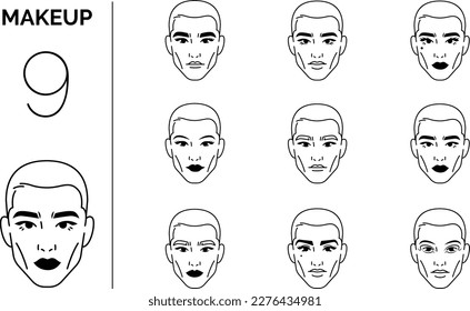 Makeup on men's face. Set of line art vector icons
