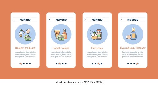 Erstellen Sie Onboarding Mobile-Apps. Beuty Produkte, Gesichtscremes, Parfüms und Auge Make-up Remover. Menü "Cosmetology"-Schritte. Set von UI, UX, Web-Vorlage mit RGB-Farbsymbolen