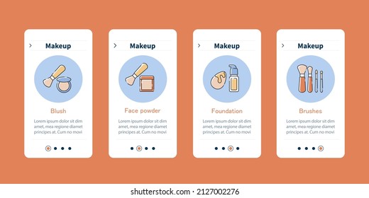 Maquillaje en pantallas de aplicaciones móviles. Blush, cara en polvo, cimientos y cepillos. Menú de pasos de Cosmetología. Conjunto de UI, UX, plantilla web con iconos lineales de color RGB