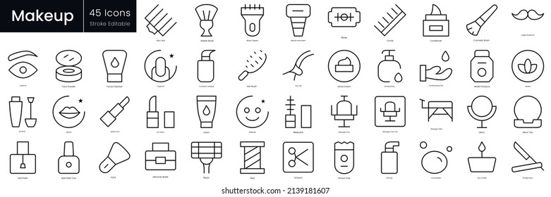 Makeup outline icon set. Editable stroke thin line icons Collection contains such Icons as preschool, holding hands, chair, float, crib, powder, boy and more