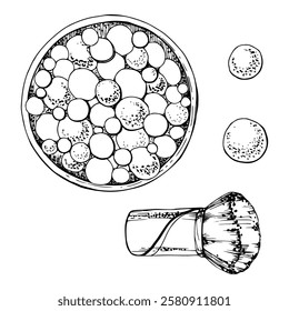 Make-up paint palette powder blush eye shadow balls and brush applicator, isolated objects, detailed line vector sketch hand drawn in ink. Beauty parlor salon illustration, packaging, cosmetics shop