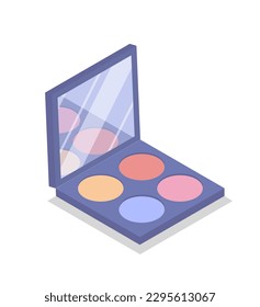 Makeup palette concept. Multiple shades to change eye color and skin tone. Powder for glamour. Advertising poster or banner for website. Cartoon isometric vector illustration