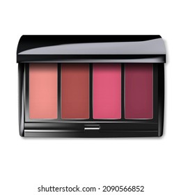 Make-up palette container. Color compact eyeshadow or blush kit. Open makeup cosmetic case. Realistic vector illustration