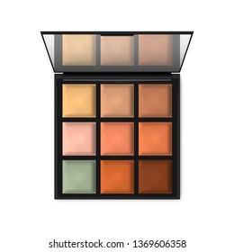 Make-up palette container isolated on white background, realistic illustration. Open compact makeup cosmetic case with mirror, vector template.