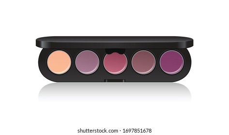 Make-up palette. Eyeshadow, blush kit, lipstick. Compact makeup cosmetic open black case, vector mock up for your design