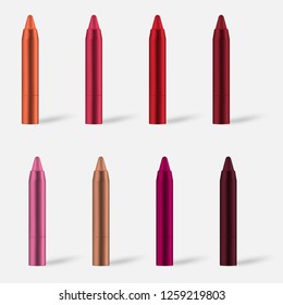 Make-up Pencil, Realistic Vector Mock-up. Lip Liner Or Lipstick Color Palette. Makeup Product Mockup Set.