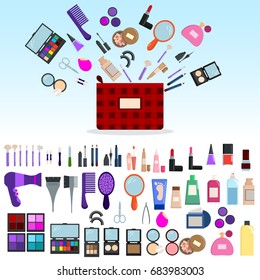 Makeup, perfume, cosmetics elements collection, flat icons set, Colorful symbols pack contains - Nail polish, lipstick, eye shadows, brush, powder, lip gloss, Vector illustration. Flat style design