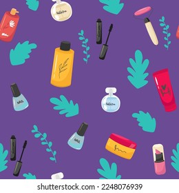 Makeup, perfume, cosmetics seamless pattern. Nail polish, mascara, lipstick, eye shadows, brush, powder, lip gloss, lips