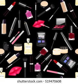 Makeup, perfume, cosmetics seamless pattern. Nail polish, mascara, lipstick, eye shadows, brush, powder, lip gloss, lips.