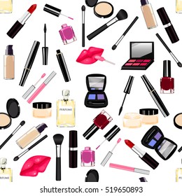 Makeup, perfume, cosmetics seamless pattern. Nail polish, mascara, lipstick, eye shadows, brush, powder, lip gloss, lips