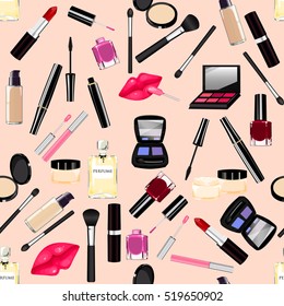 Makeup, perfume, cosmetics seamless pattern. Nail polish, mascara, lipstick, eye shadows, brush, powder, lip gloss, lips.