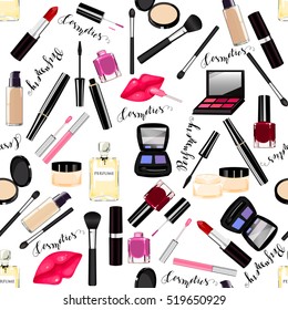 Makeup, perfume, cosmetics seamless pattern. Nail polish, mascara, lipstick, eye shadows, brush, powder, lip gloss, lips. Lettering Perfumes, Cosmetics.