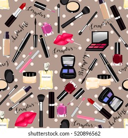 Makeup, Perfume, Cosmetics Seamless Pattern.