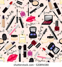 Makeup, perfume, cosmetics seamless pattern.