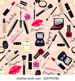 Makeup, perfume, cosmetics seamless pattern. Nail polish, mascara, lipstick, eye shadows, brush, powder, lip gloss, lips