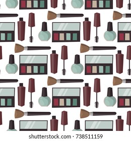 Makeup perfume mascara care brushes seamless pattern background comb faced eyeshadow glamour female accessory vector.