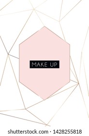 Makeup poster card. Abstract geometric poster design with gold glitter, gray, cream, light and pastel punch pink. Modern and original greeting card, invitation, poster design templates.