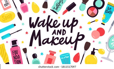 Makeup poster. Skincare cosmetic products, hand drawn doodle visage tools, face and body skincare concept vector background illustration. Bottles with serum, lip gloss, brush, mascara