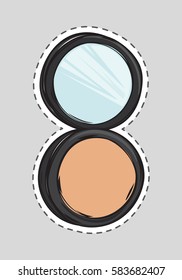 Makeup powder in black round plastic case with mirror. Cut it out. Female cosmetics for face. Natural colour. Cartoon design. Fashion. Useful thing for women. Fashion. Foundation. Flat style. Vector