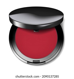 Make-up powder blush open round container. Open compact makeup blusher case top view