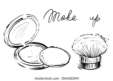 Polvo y cepillo de maquillaje, ilustración vectorial de mano, monocromo