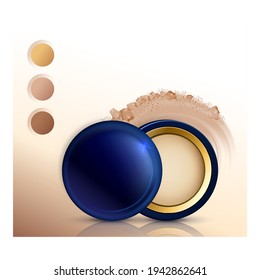 Vector de póster de promoción de cosméticos en polvo de maquillaje. Paquete Compacto En Polvo En Blanco Y Cartel De Publicidad En Marea. Salón De Belleza Profesional Accesorio Estilo De Color Plantilla Concepto Ilustración