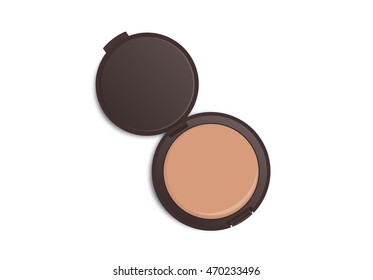 Makeup powder nude color in dark brown powder case which opened isolated on white background.