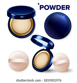 Makeup Powder And Puff Compact Cosmetic Set Vector. Powder Facial Beauty Cosmetology Portable Tool With Mirror And Soft Kit. Fashion Tonal Accessory Template Realistic 3d Illustrations