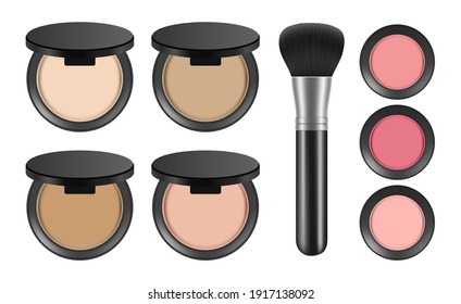 Makeup powder. Realistic blush and brush. Isolated decorative cosmetics vector set