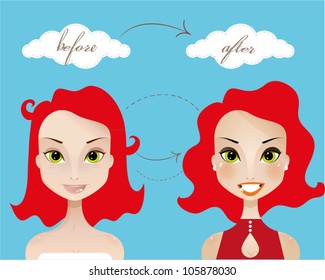makeup of pretty redhead woman before and after