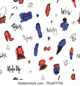 Makeup print grunge seamless pattern with beauty items and freehand shapes for your promotion.