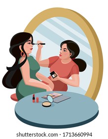 Makeup process, makeup artist with brush and compact powder in the salon. Portrait of two beautiful women. Stock vector illustration.