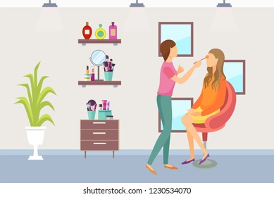 makeup process in beauty salon vector. Shelves with mirror, perfumes and lotions, brushes and shadows set. Plant decoration