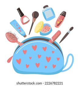 Producto de maquillaje que cae en la ilustración del vector de bolsa cosmética. Bolso o bolso con cepillo de pelo, lima de uñas, pinceles, esmalte, perfume aislado sobre fondo blanco. Concepto de moda, belleza, cosmetología