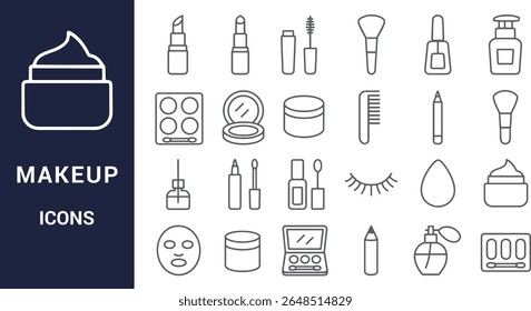 Makeup product icons set outline beauty cosmetic
