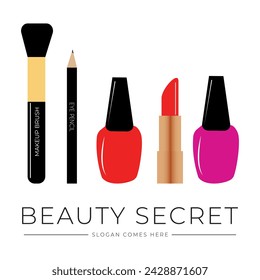 Logotipo secreto de la belleza, logotipo de cosméticos, logotipo de cosméticos de belleza, logotipo del artista de maquillaje banner.beauty producto, logotipo cosmético arte vectorial, kit de maquillaje, creativo.