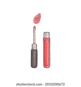 Makeup product. Pink liquid gloss lipstick for female beauty and fashion. Vector sketch illustration isolated on a white background.